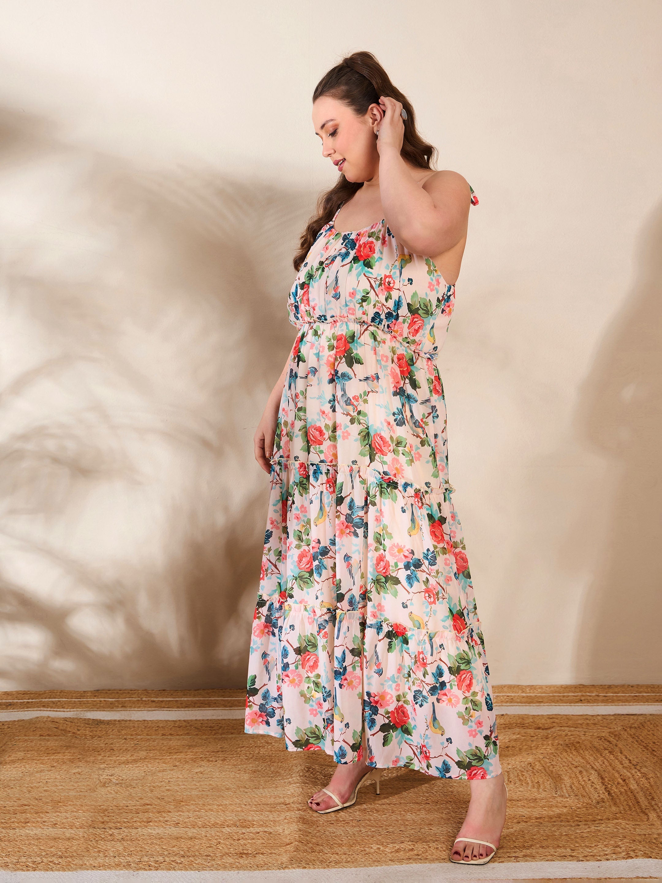 Women's Beige Floral Strappy Tired Maxi Dress-SASSAFRAS