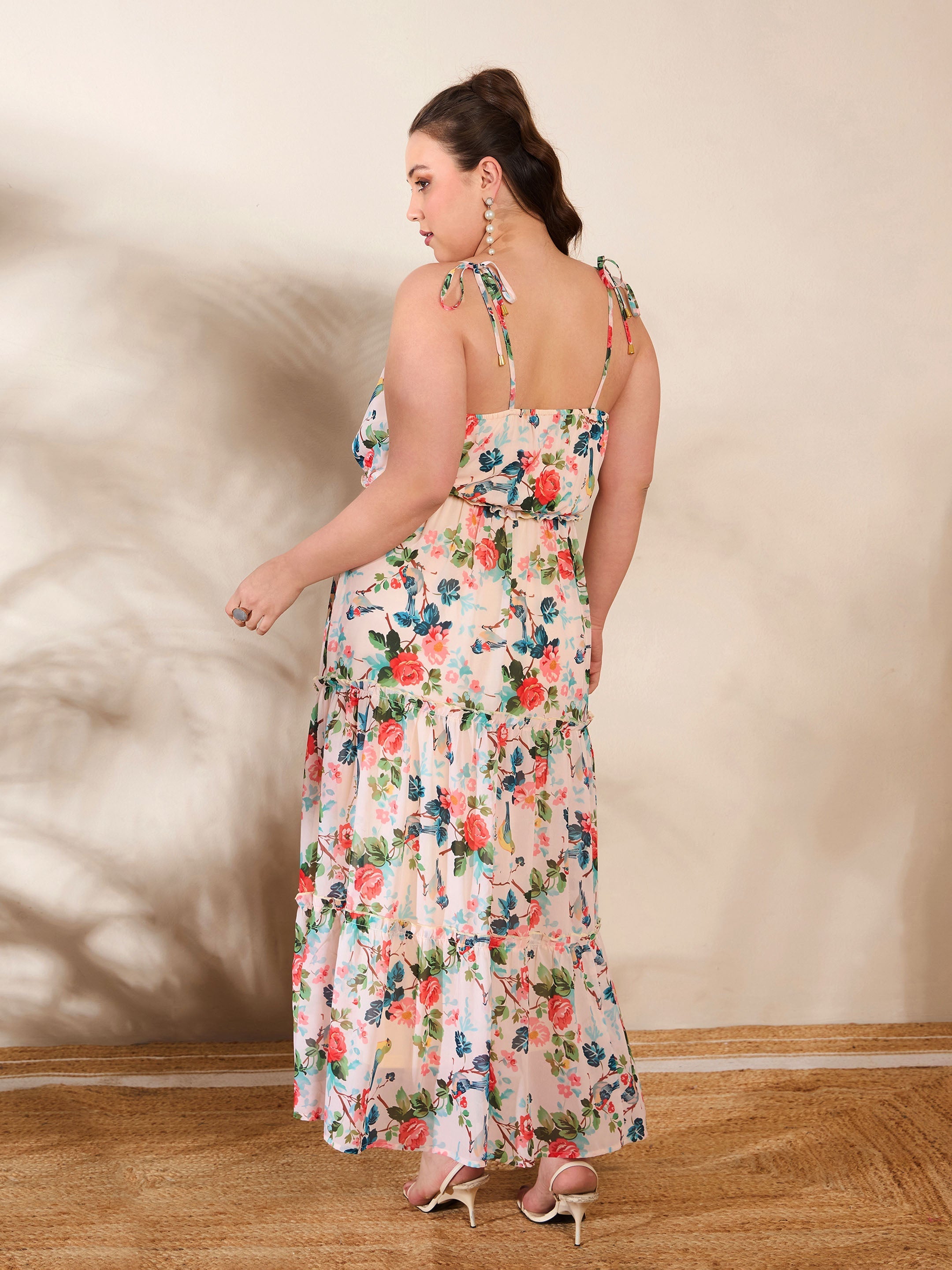 Women's Beige Floral Strappy Tired Maxi Dress-SASSAFRAS