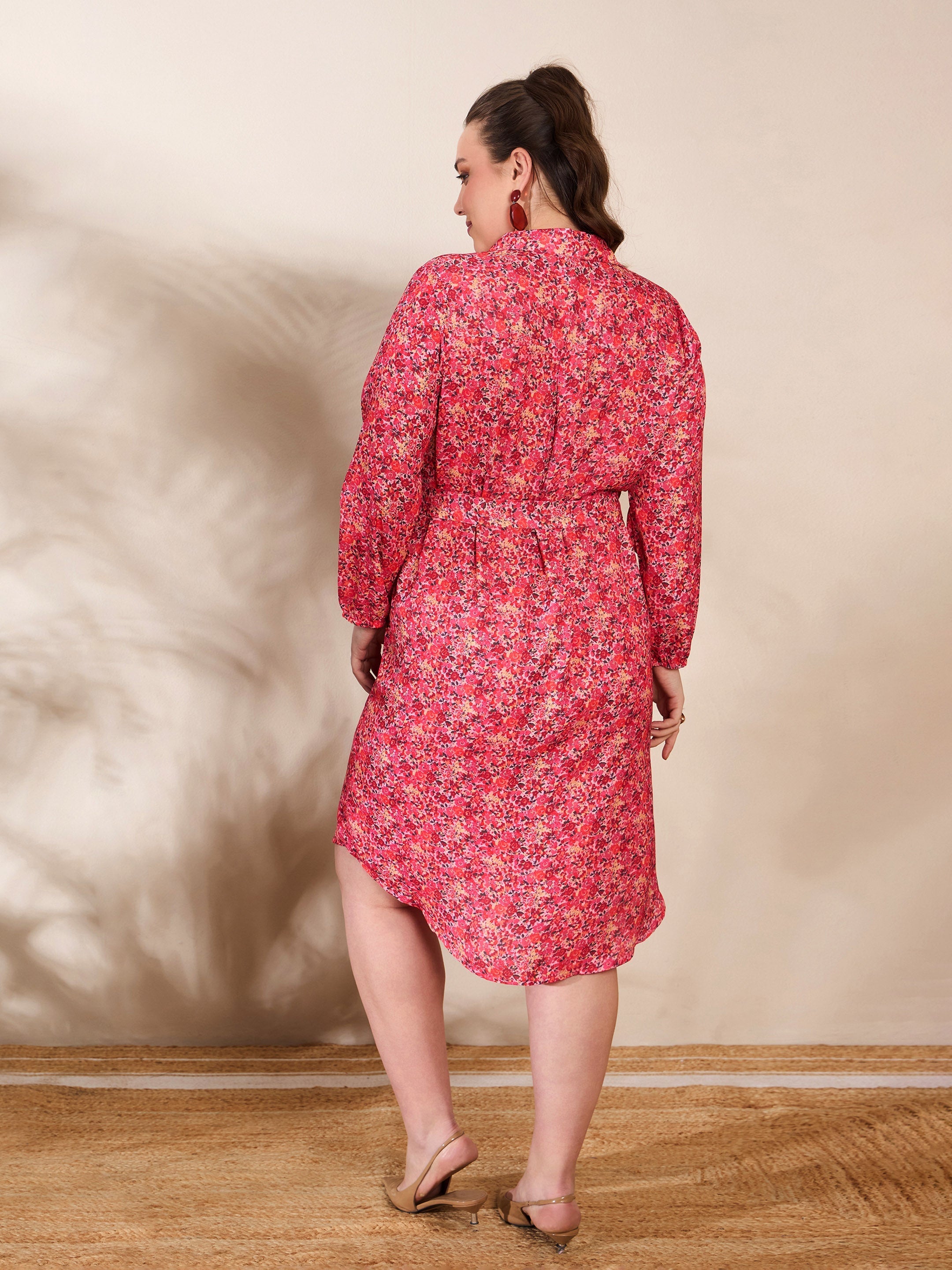 Women's Red Floral Knee Length Shirt Dress-SASSAFRAS