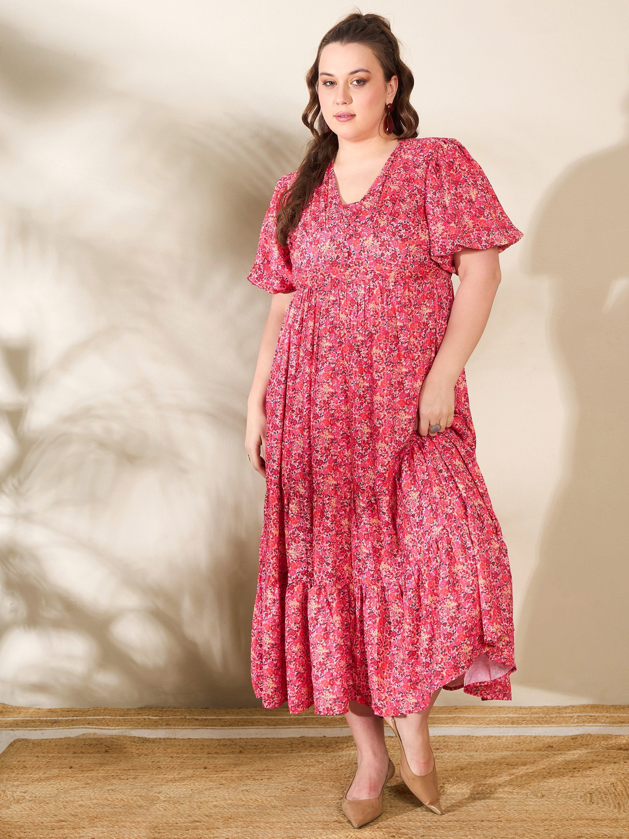 Women's Red Floral V Neck Maxi Dress-SASSAFRAS