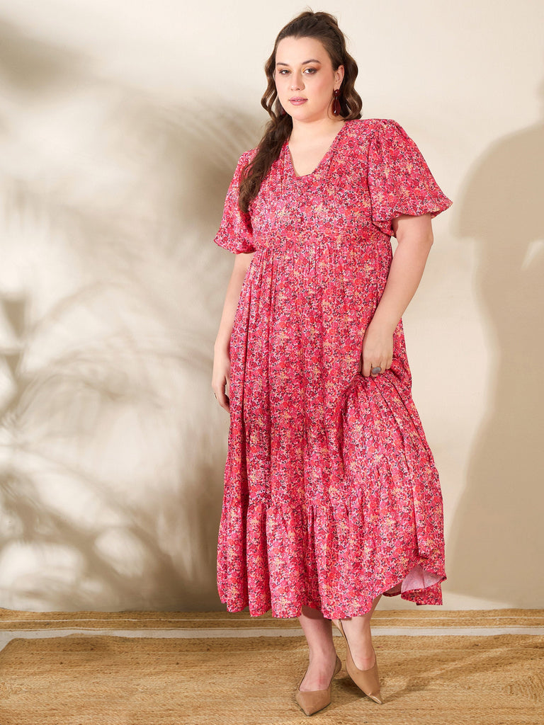 Women's Red Floral V Neck Maxi Dre