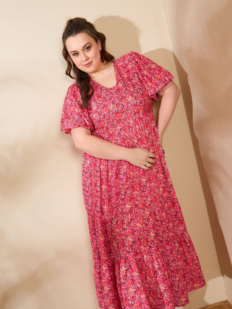 Women's Red Floral V Neck Maxi Dre