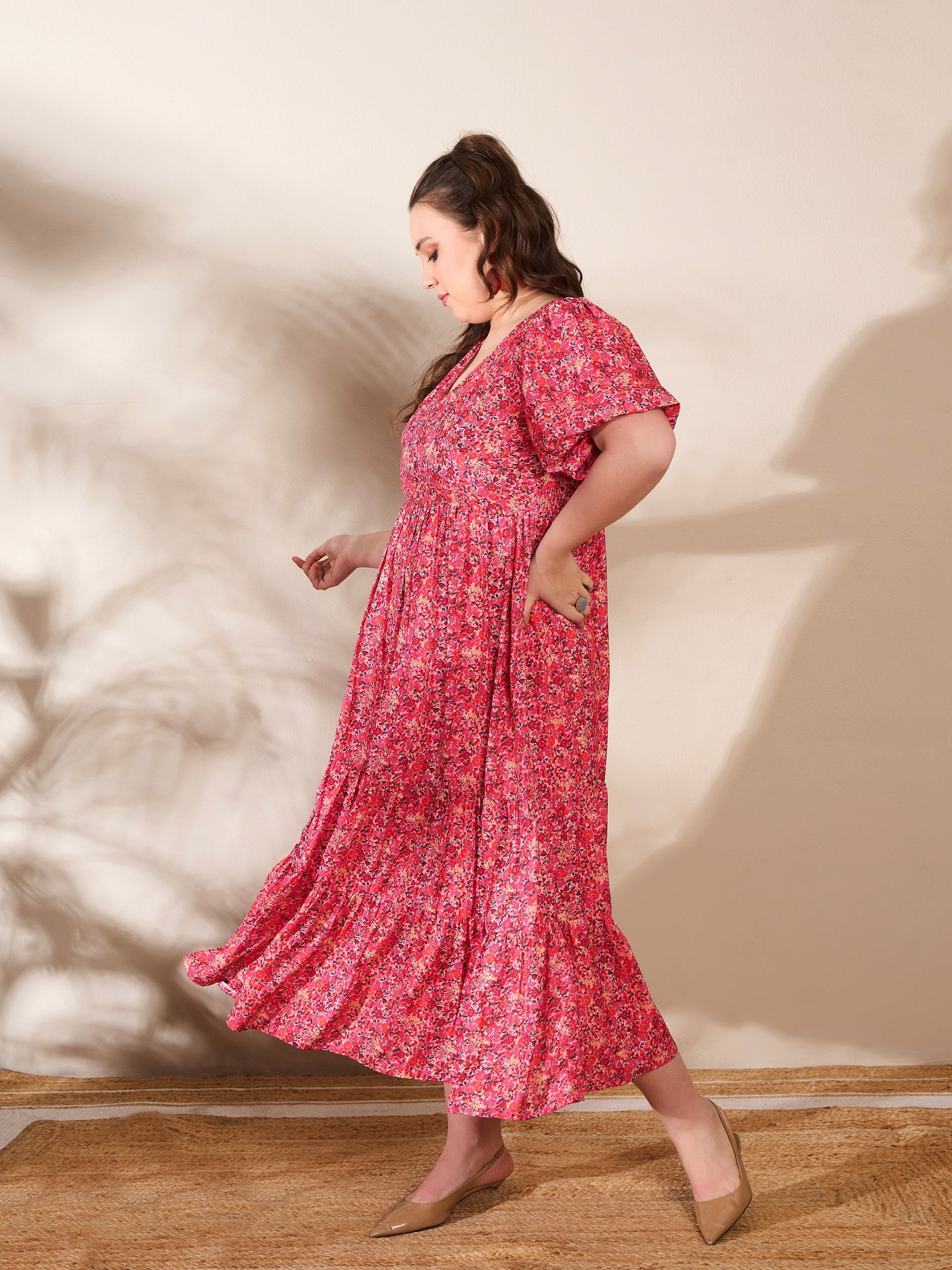 Women's Red Floral V Neck Maxi Dress-SASSAFRAS