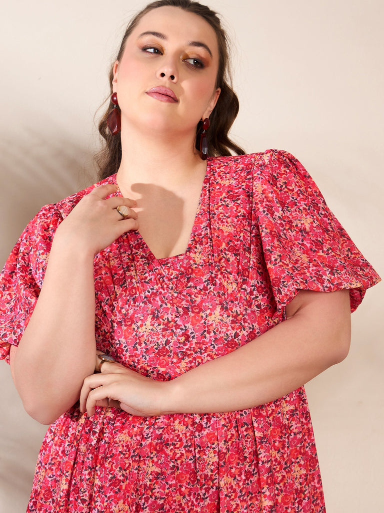 Women's Red Floral V Neck Maxi Dre