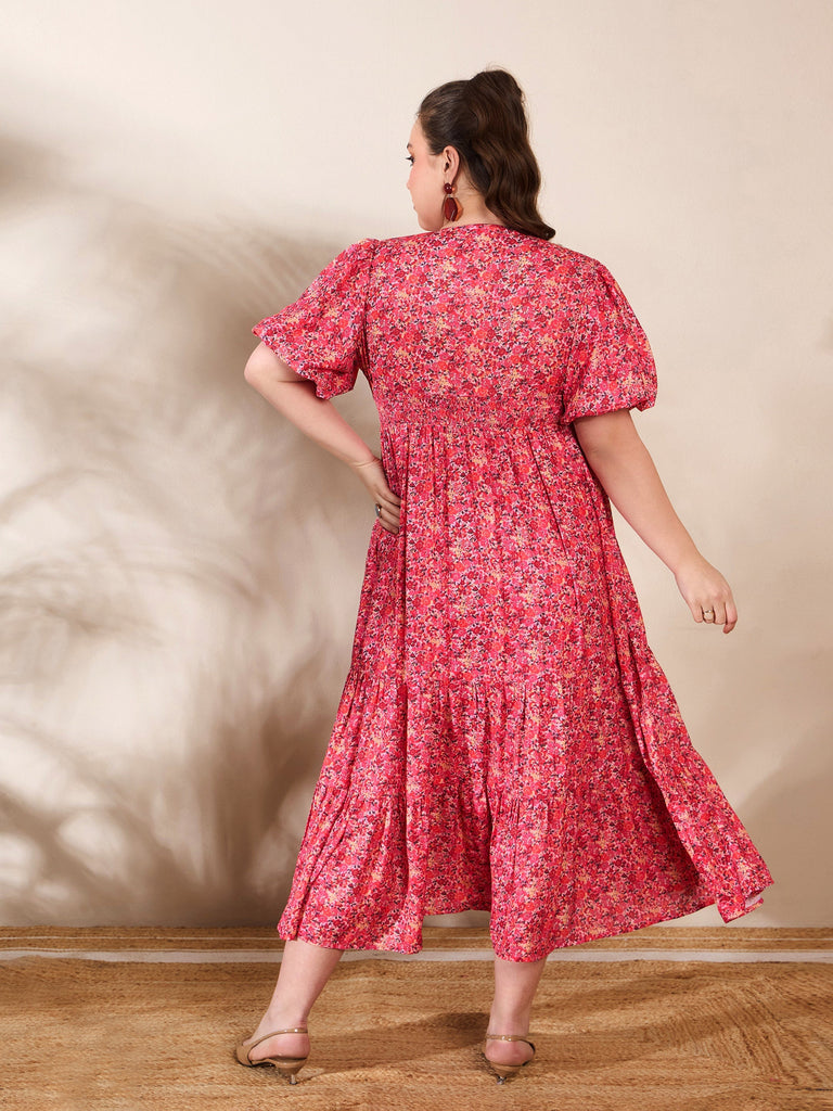 Women's Red Floral V Neck Maxi Dre