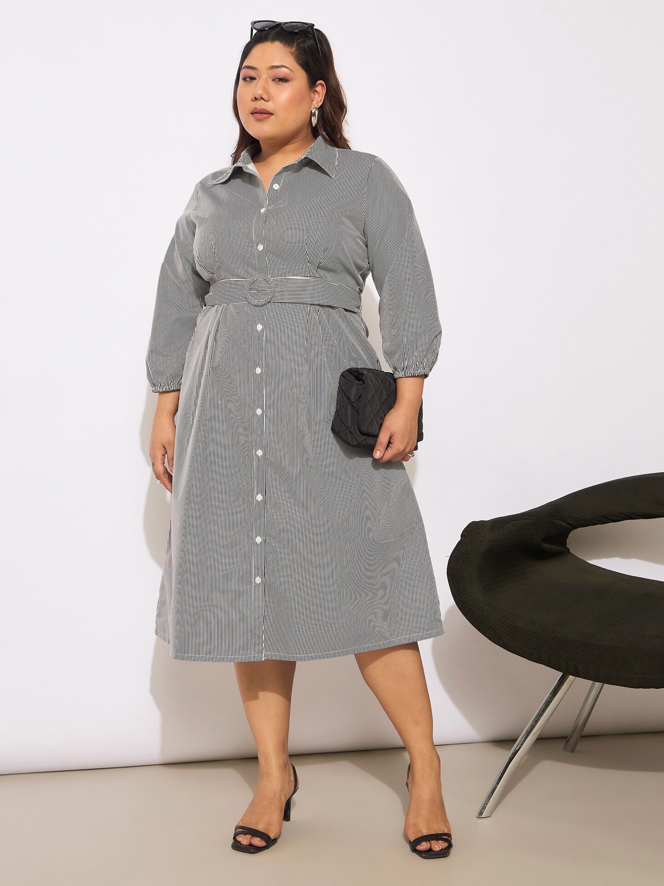 Women's White & Black Pinstripes Belted Midi Shirt Dress-SASSAFRAS