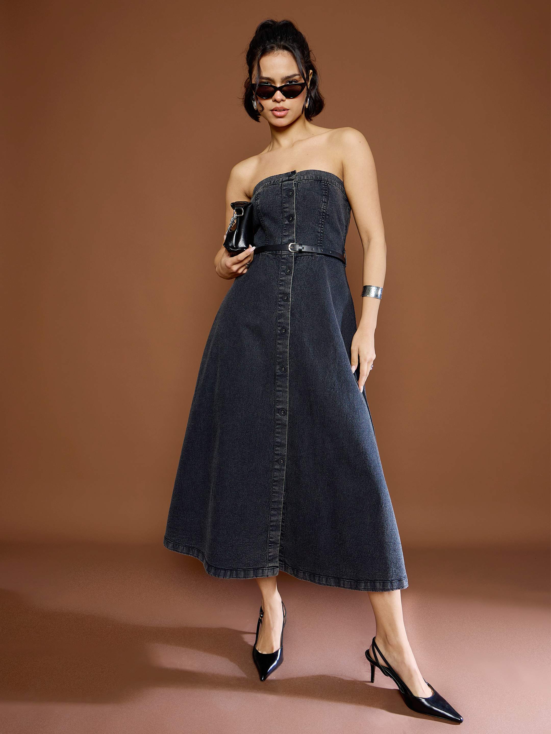 Women's Black Washed Denim Off Shoulder Dress-SASSAFRAS