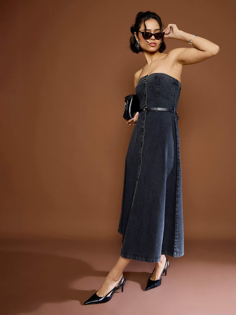 Women's Black Washed Denim Off Shoulder Dre