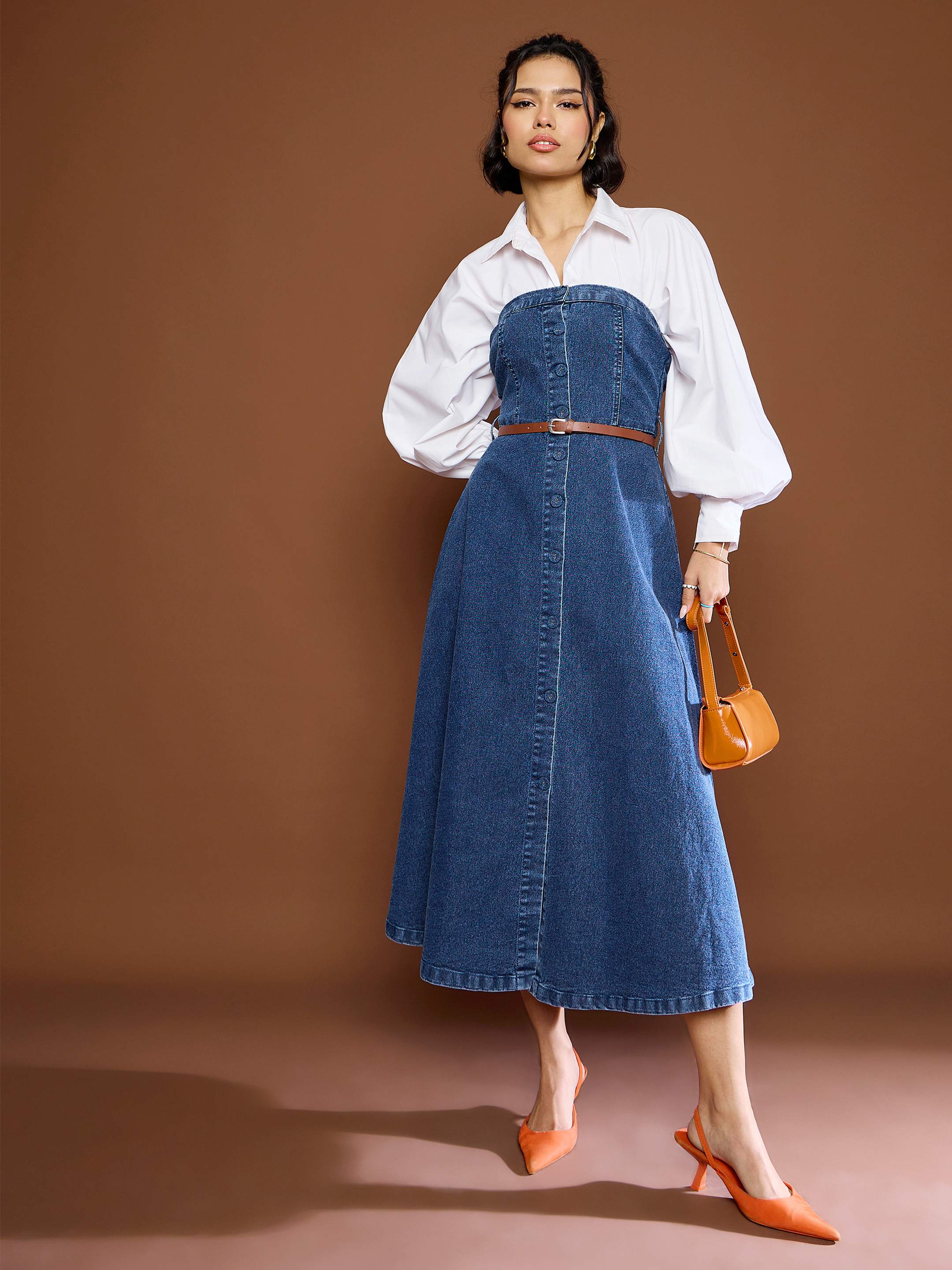 Women's Blue Washed Denim Tube Dress-SASSAFRAS