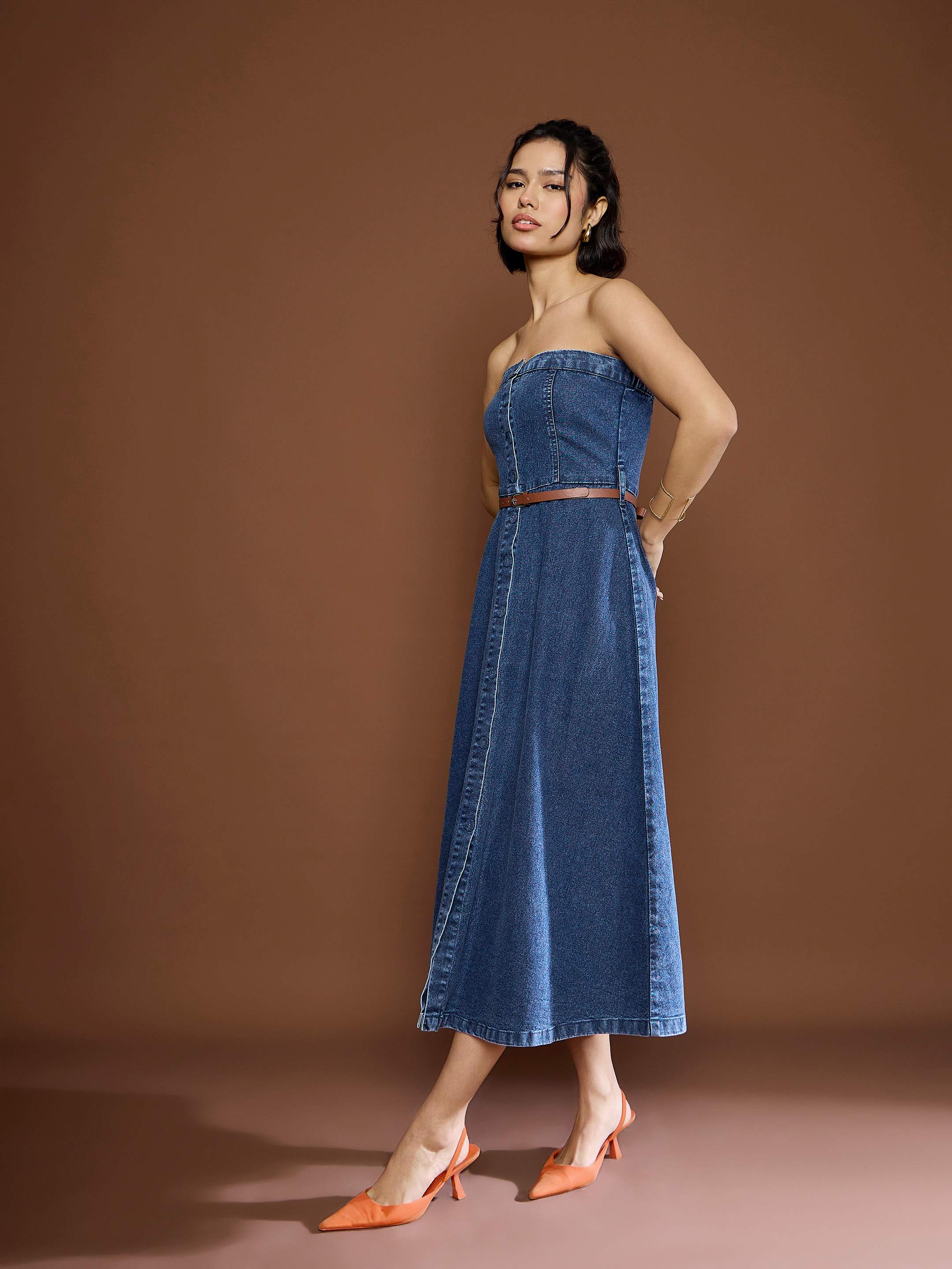 Women's Blue Washed Denim Tube Dress-SASSAFRAS