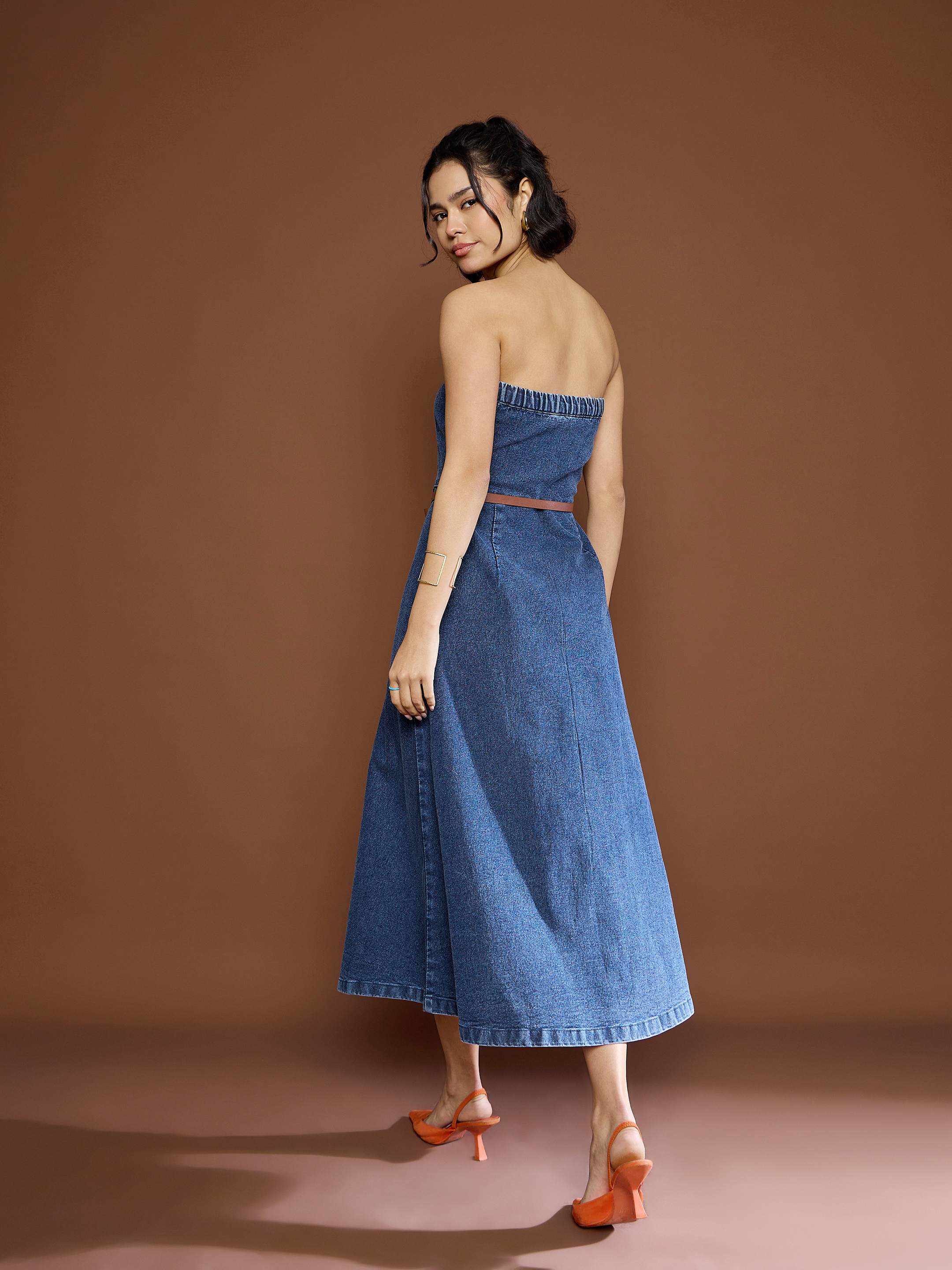 Women's Blue Washed Denim Tube Dress-SASSAFRAS