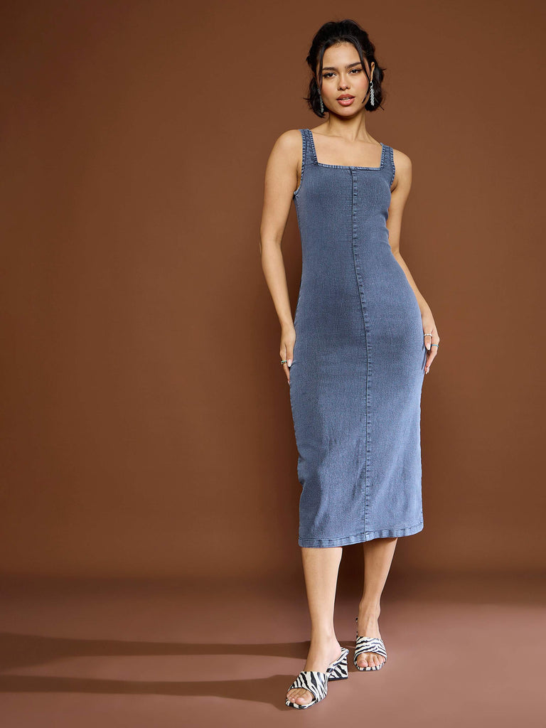 Women's Blue Acid Wash Strappy Midi Dre