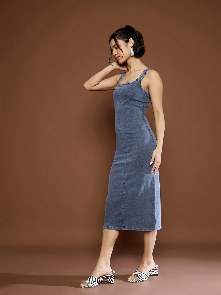 Women's Blue Acid Wash Strappy Midi Dre