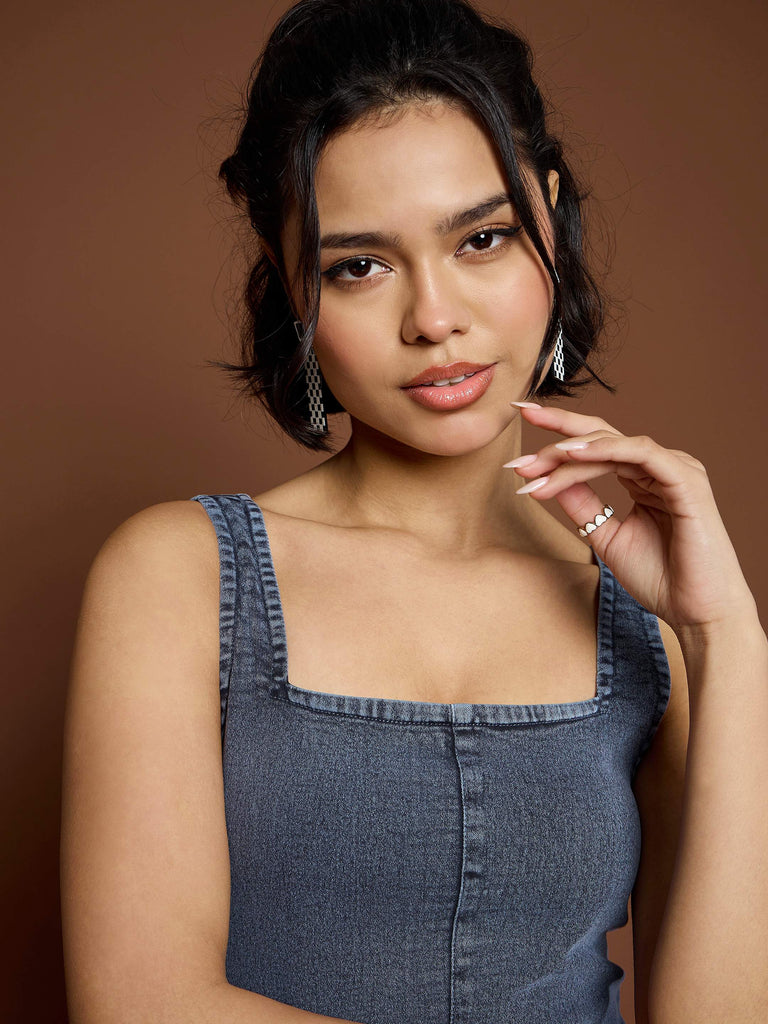 Women's Blue Acid Wash Strappy Midi Dre