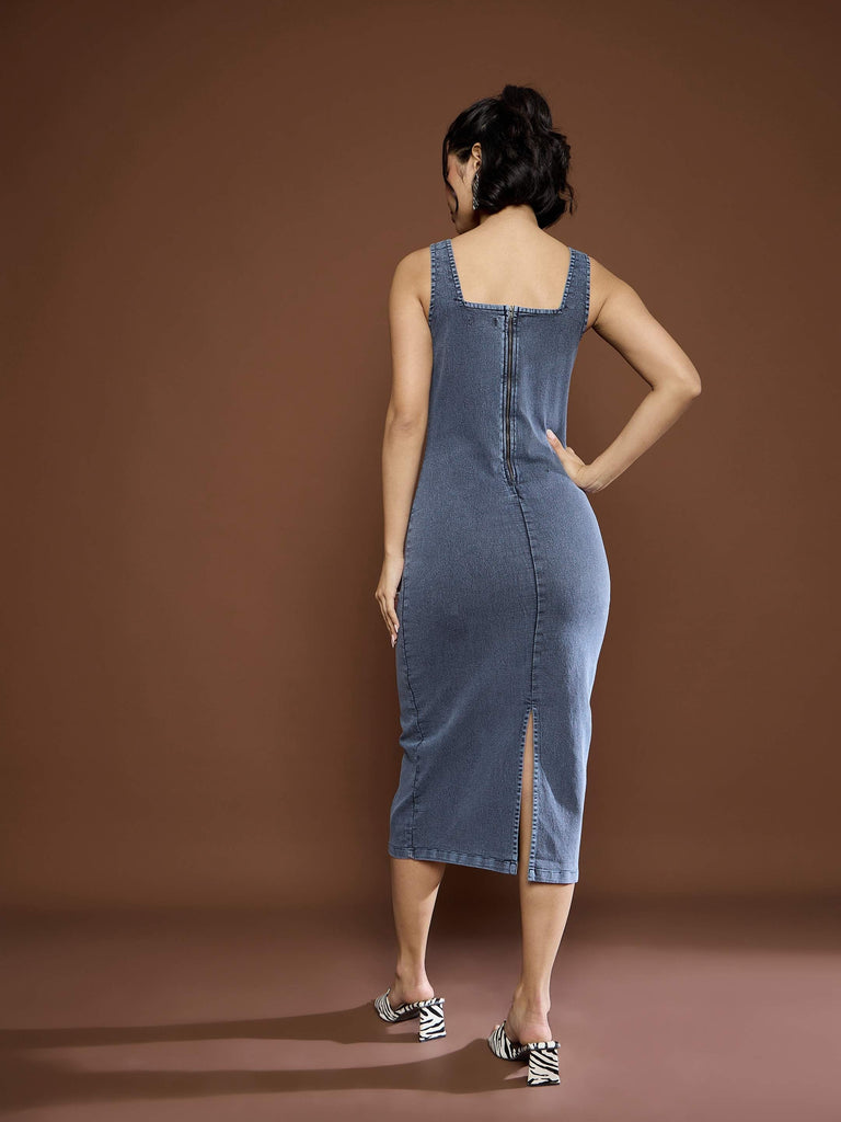 Women's Blue Acid Wash Strappy Midi Dre