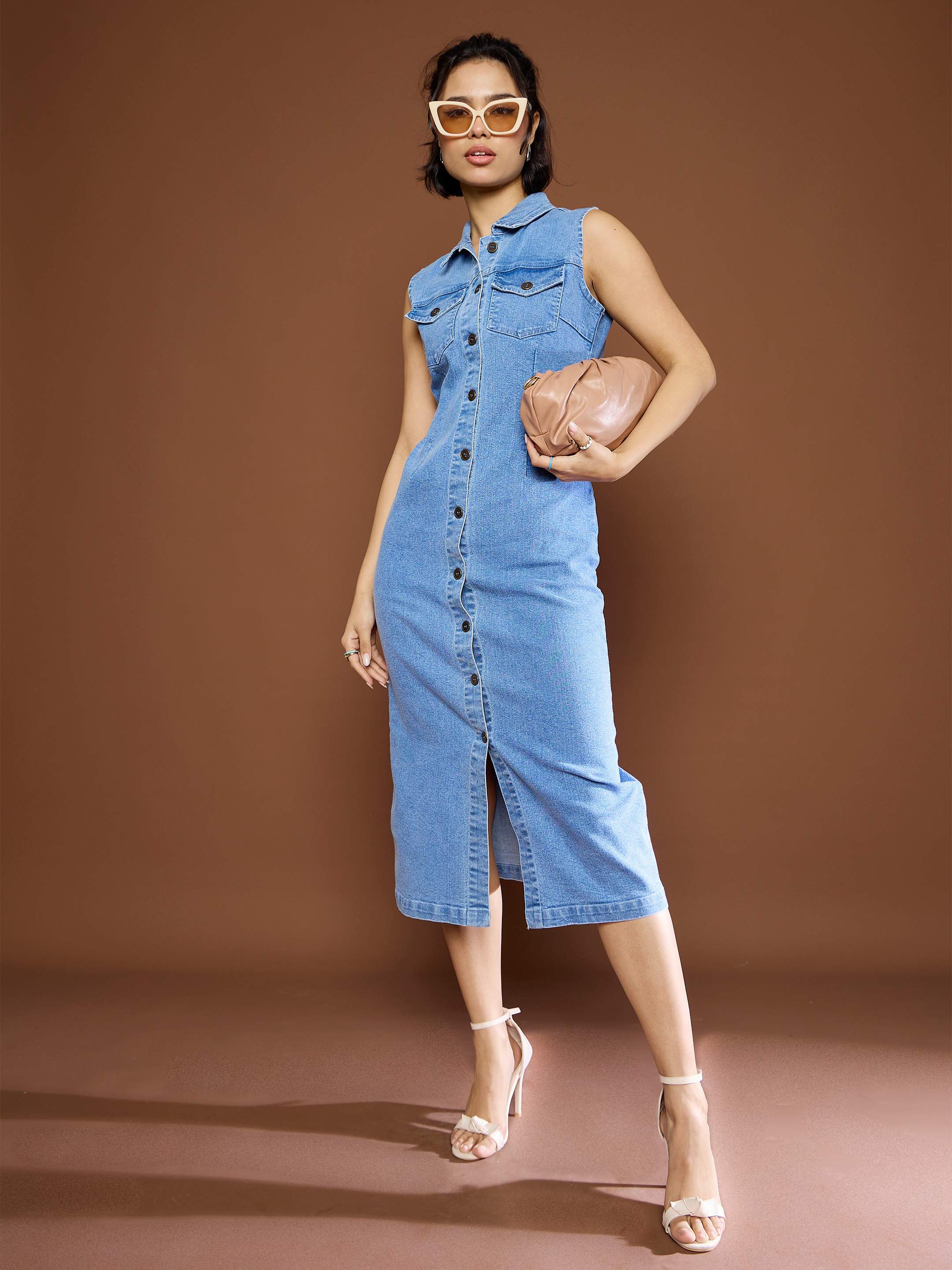 Women's Blue Denim Front Button Midi Dress-SASSAFRAS