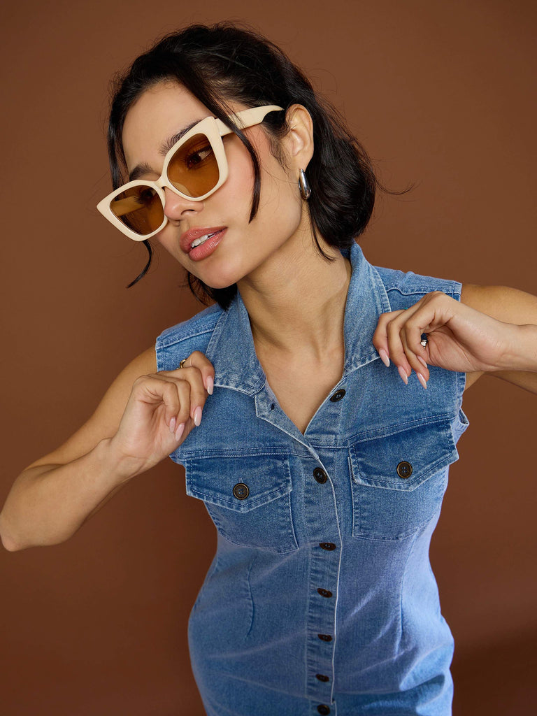 Women's Blue Denim Front Button Midi Dre