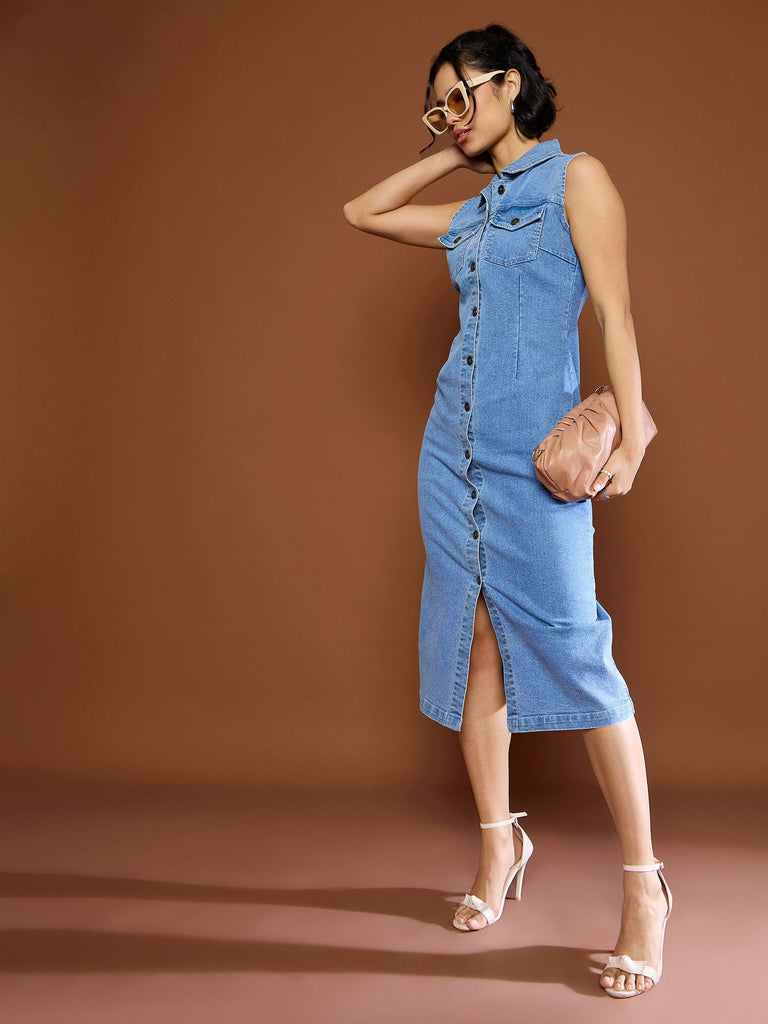 Women's Blue Denim Front Button Midi Dre