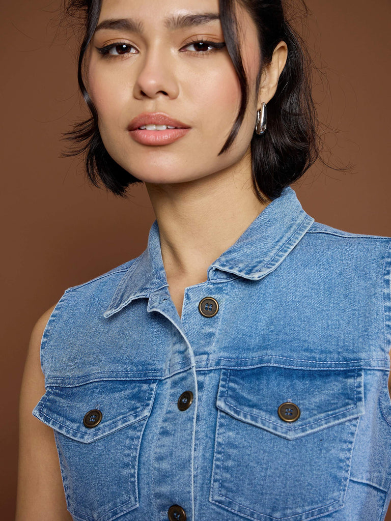 Women's Blue Denim Front Button Midi Dre