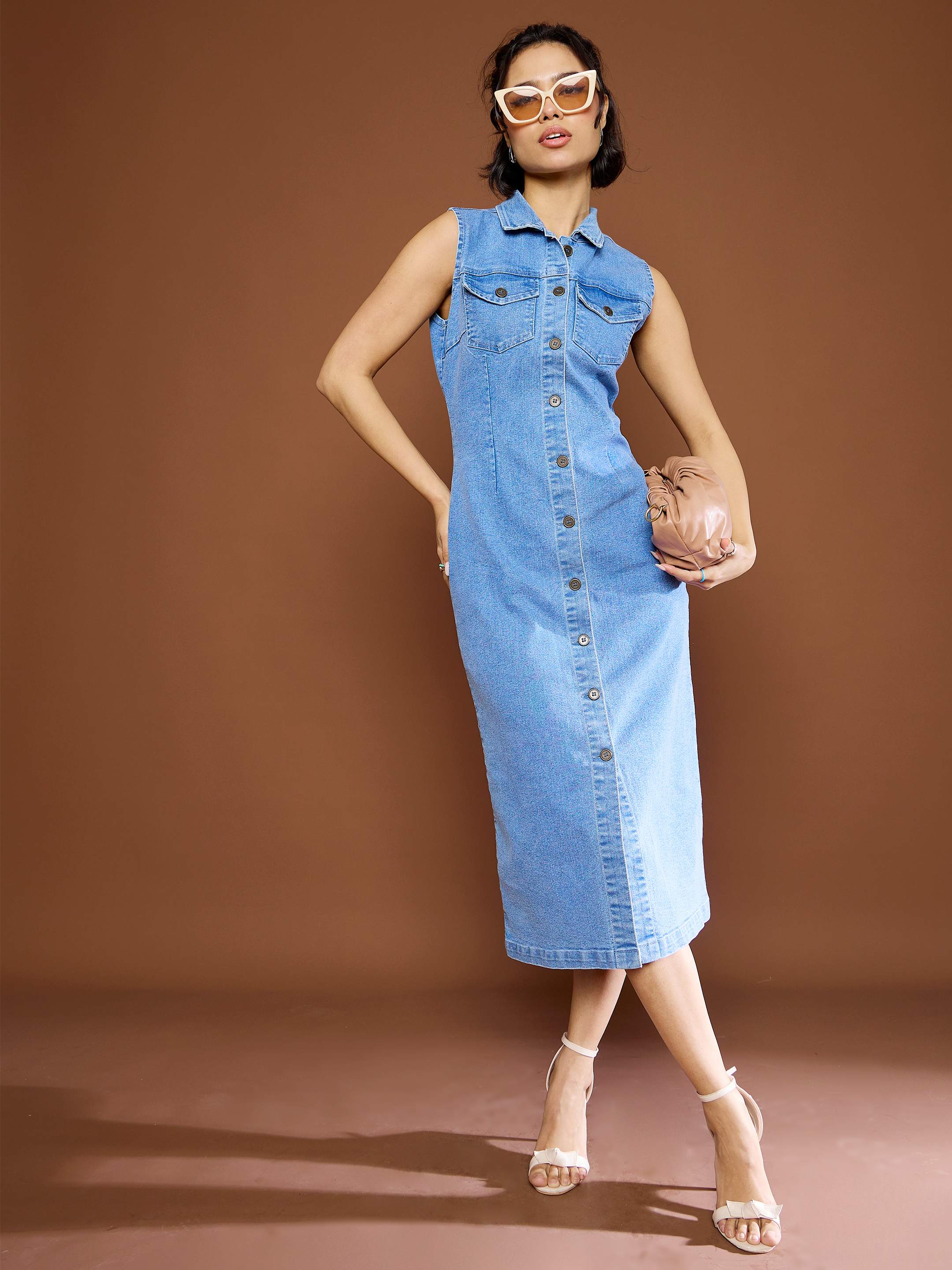 Women's Blue Denim Front Button Midi Dress-SASSAFRAS