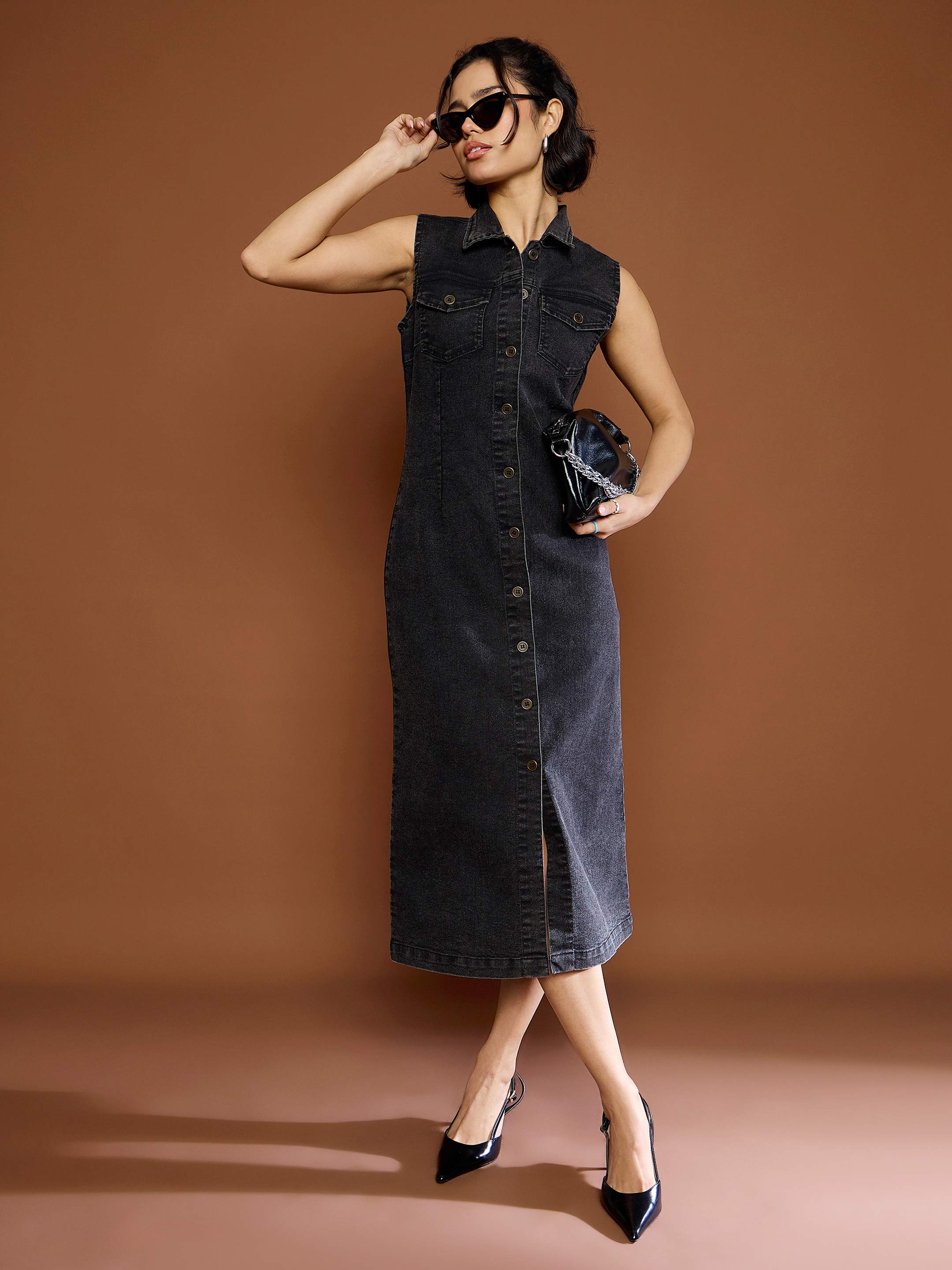 Women's Black Washed Denim Front Button Midi Dress-SASSAFRAS