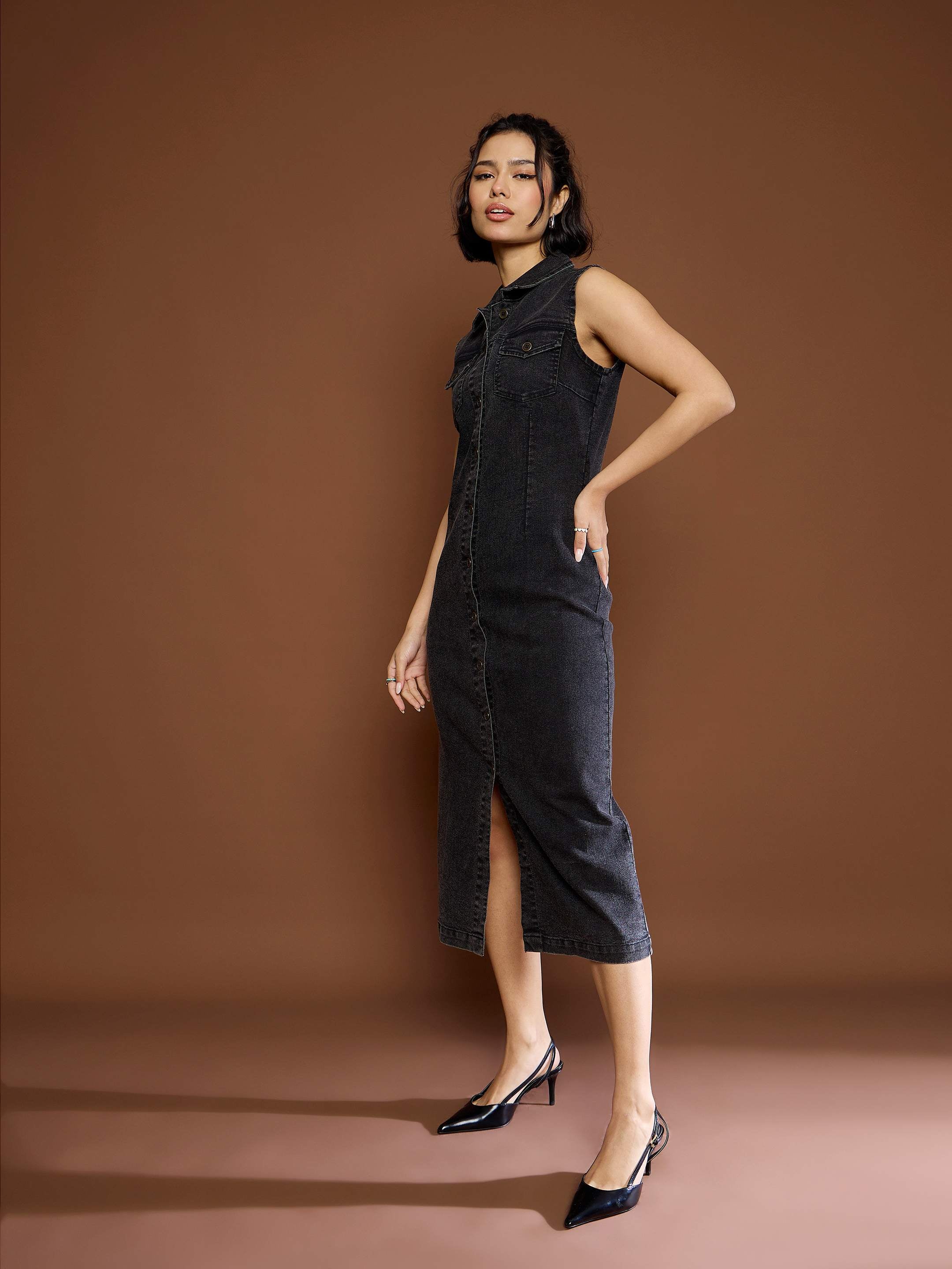 Women's Black Washed Denim Front Button Midi Dress-SASSAFRAS