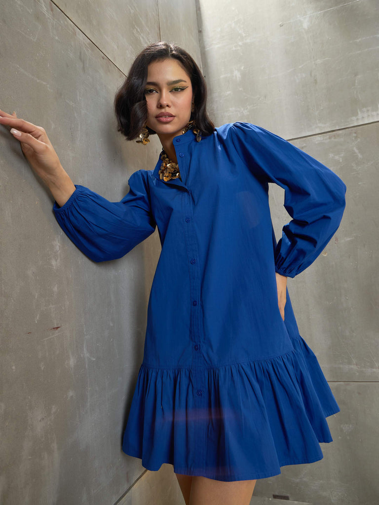 Women's Royal Blue Poplin Frill Hem Short Dre