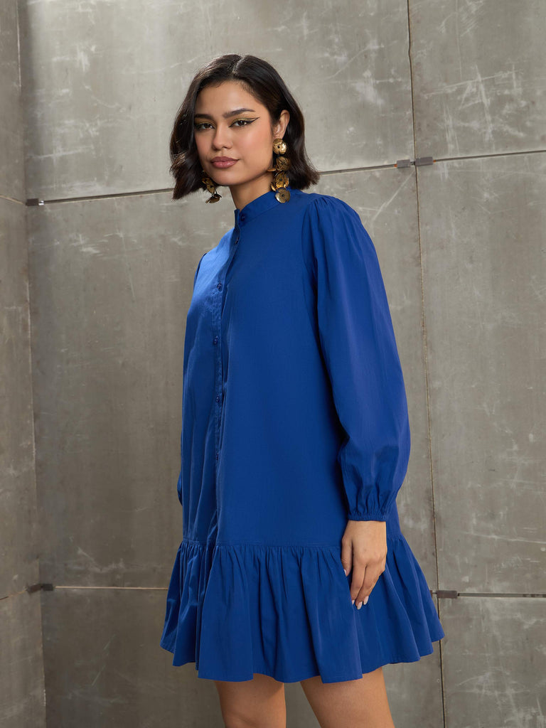 Women's Royal Blue Poplin Frill Hem Short Dre