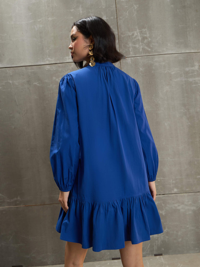 Women's Royal Blue Poplin Frill Hem Short Dre