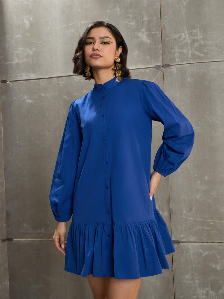 Women's Royal Blue Poplin Frill Hem Short Dre