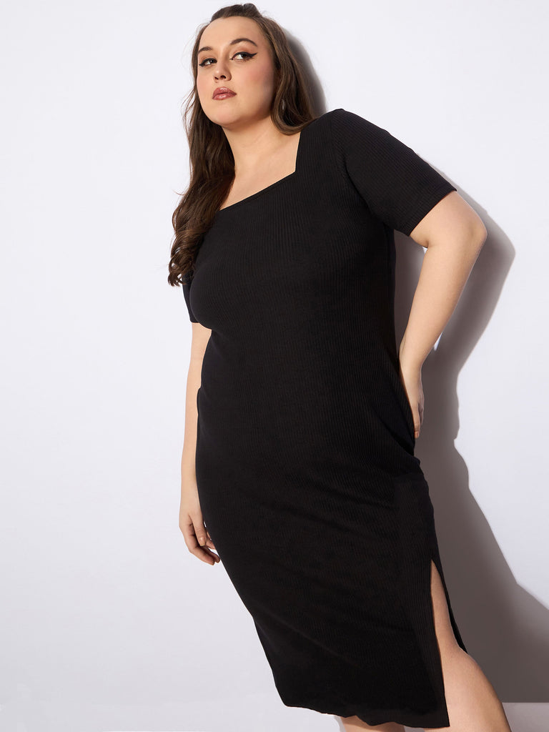 Women's Black Rib Square Neck Short Sleeves Midi Dre