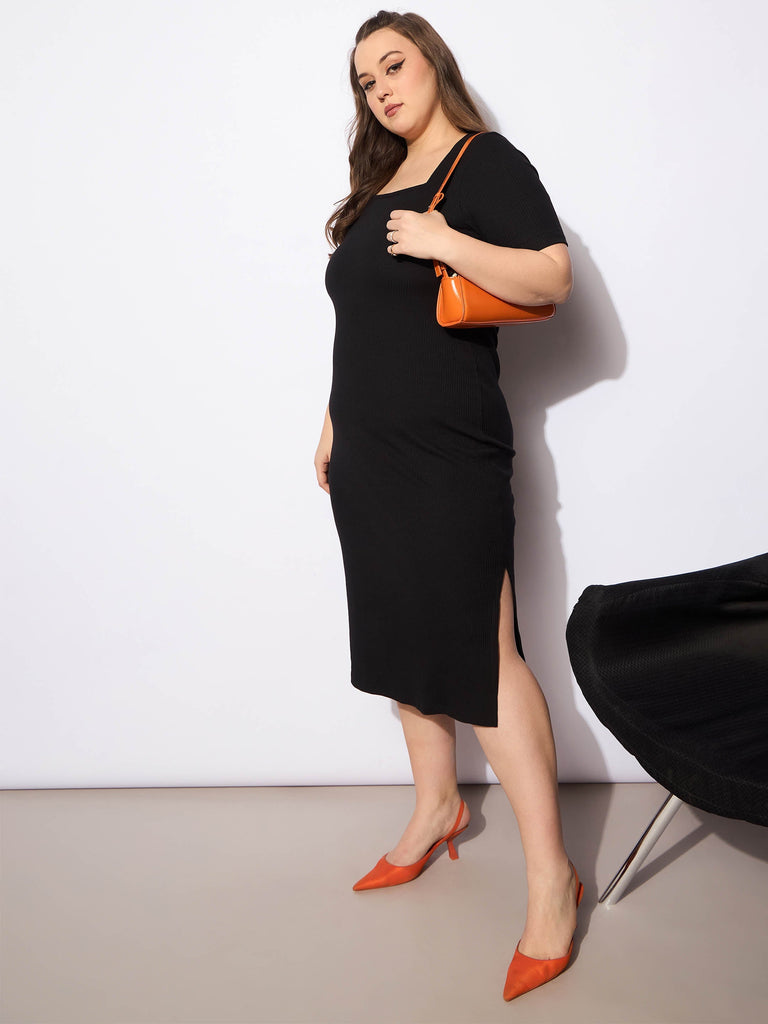 Women's Black Rib Square Neck Short Sleeves Midi Dre