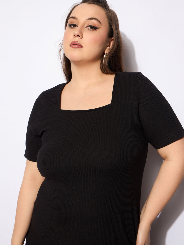 Women's Black Rib Square Neck Short Sleeves Midi Dre