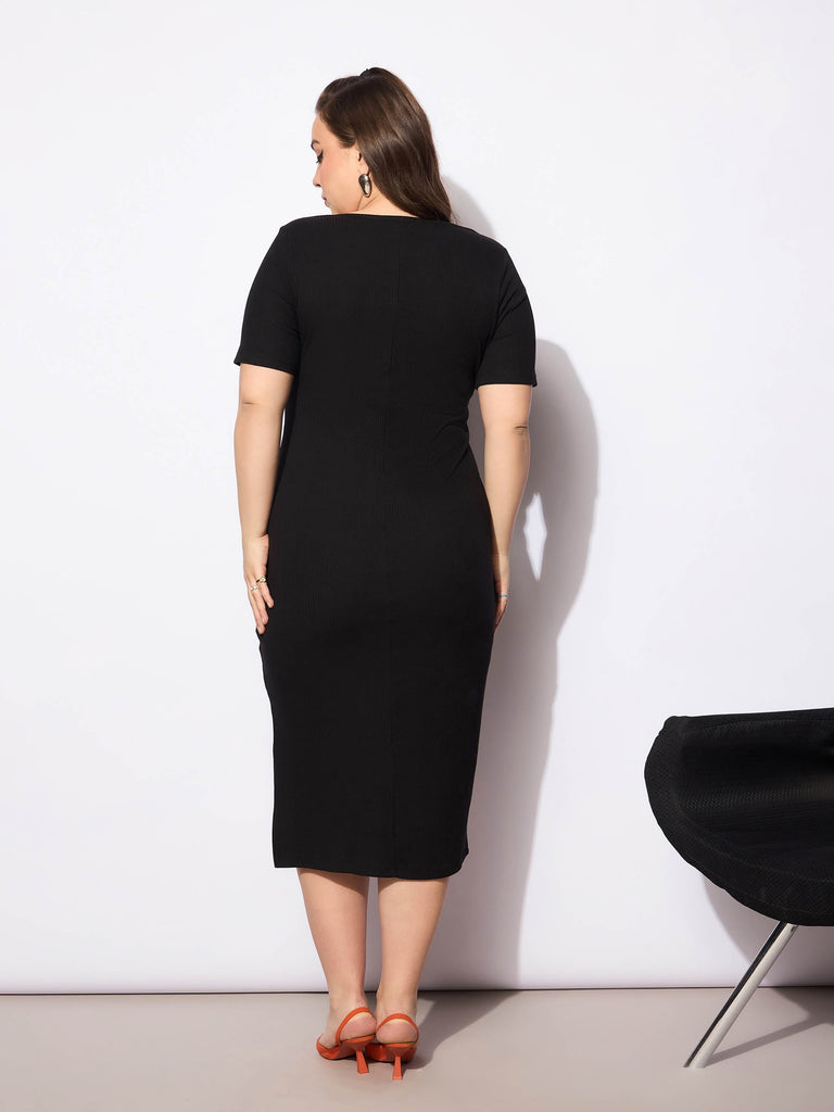 Women's Black Rib Square Neck Short Sleeves Midi Dre