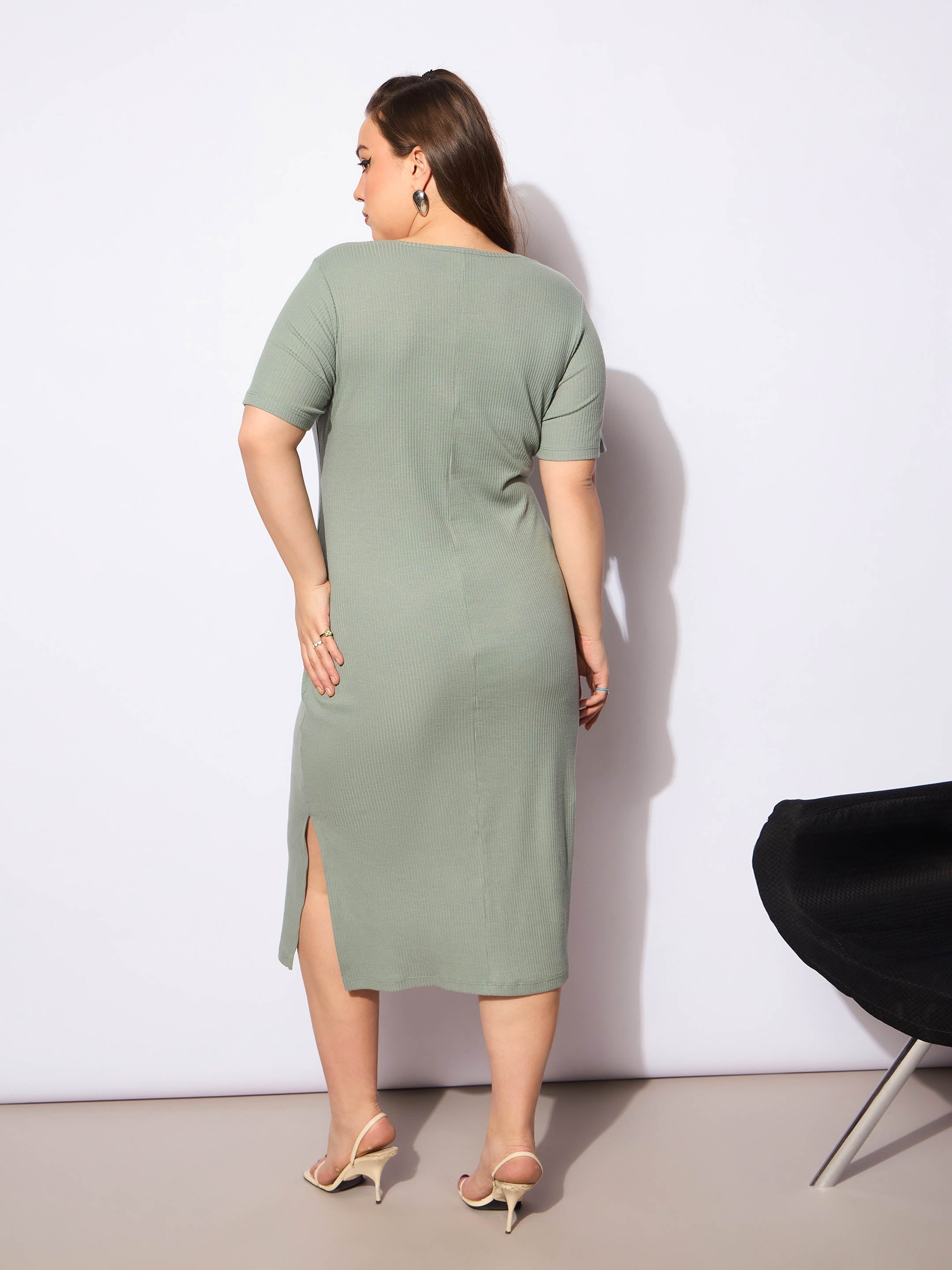 Women's Green Rib Square Neck Short Sleeves Midi Dress-SASSAFRAS