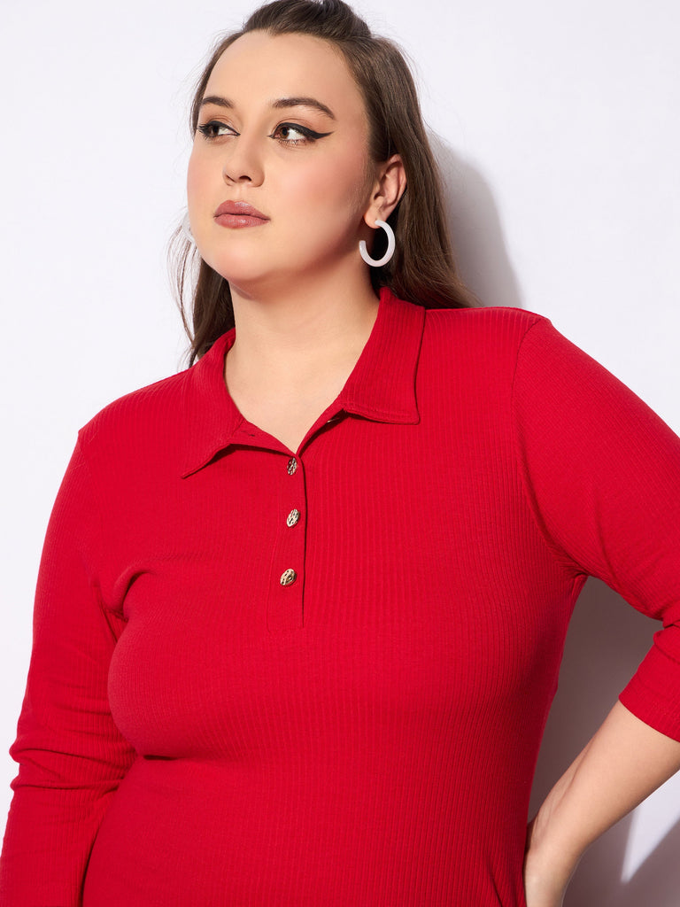 Women's Red Rib Collar Neck Front Button Midi Dre