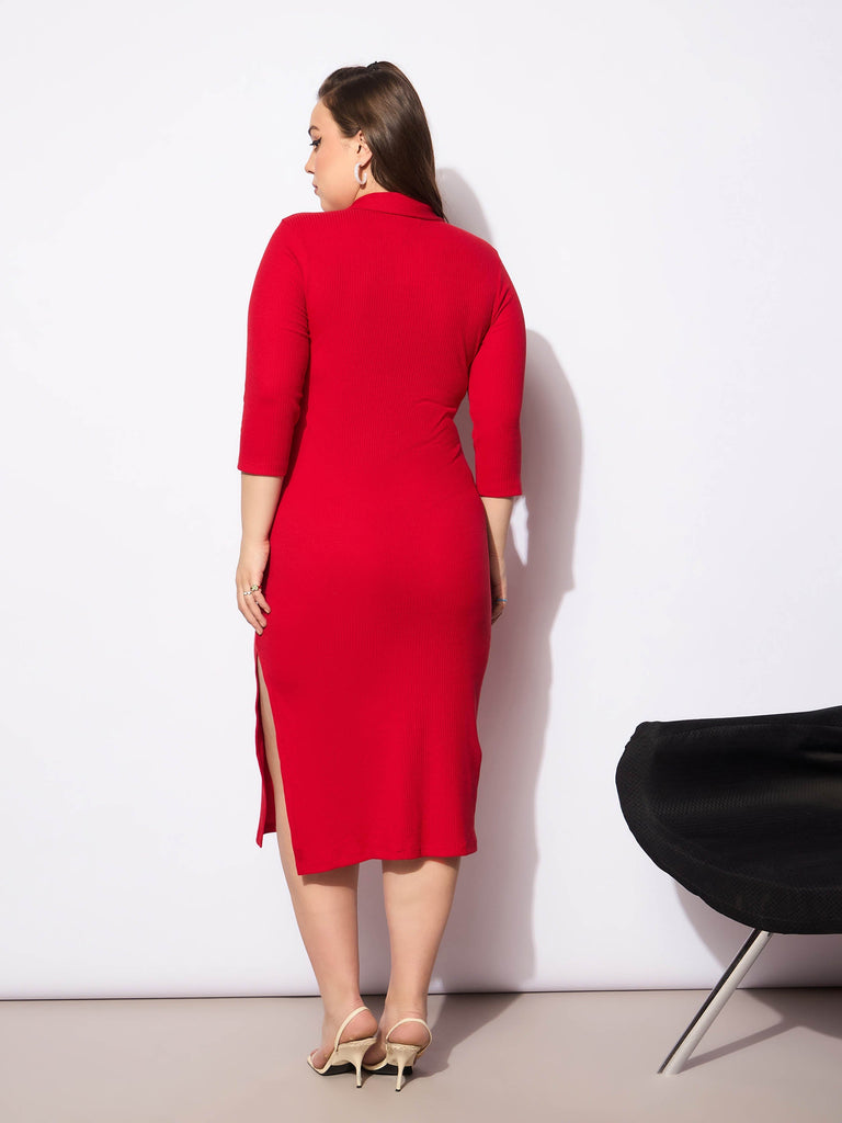 Women's Red Rib Collar Neck Front Button Midi Dre