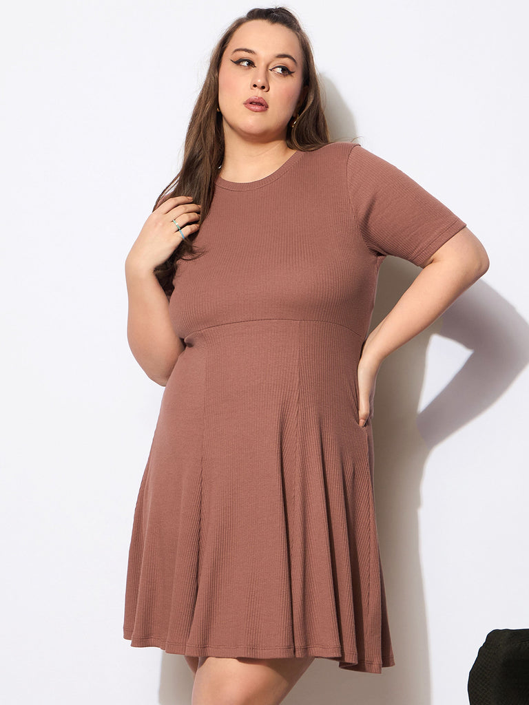 Women's Brown Rib Below Knee Skater Dre