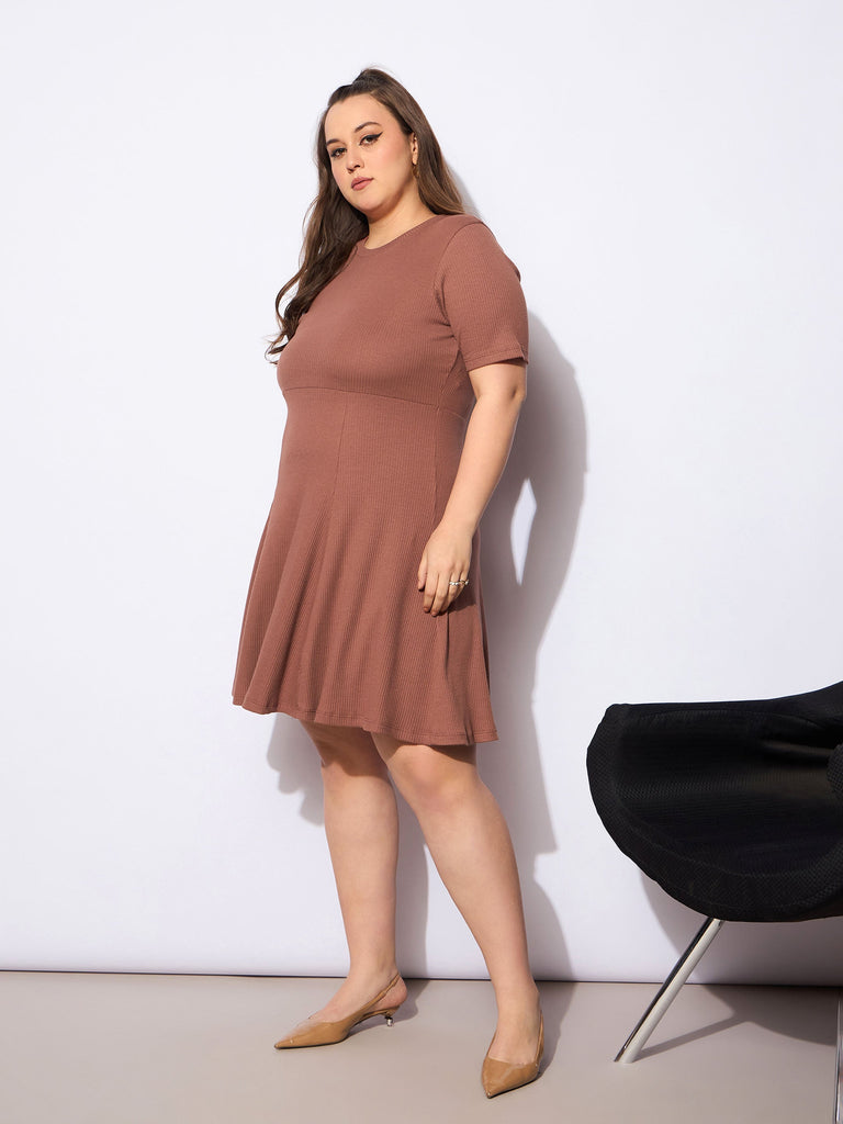 Women's Brown Rib Below Knee Skater Dre