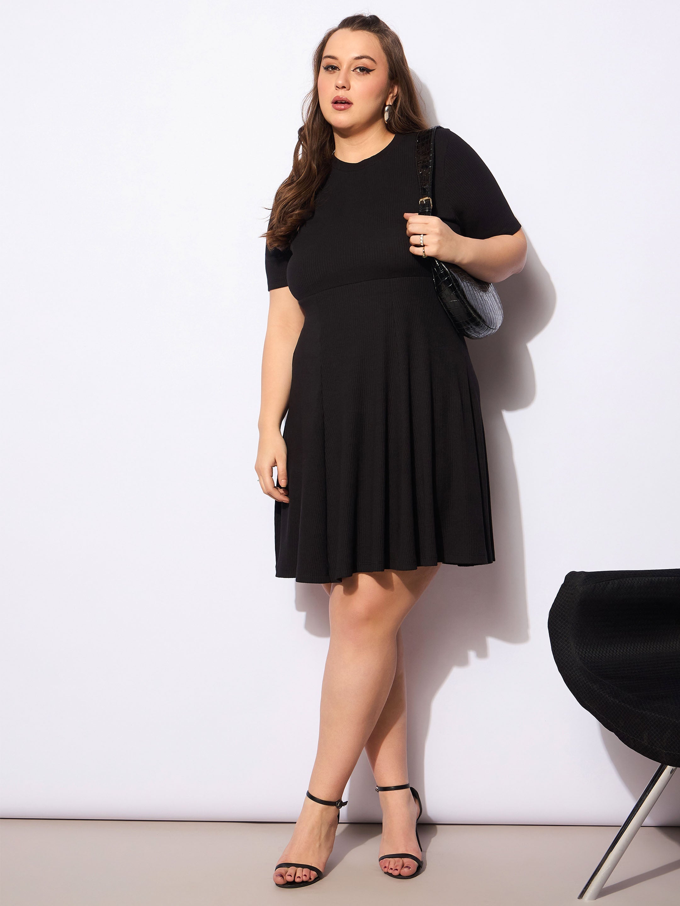 Women's Black Rib Below Knee Skater Dress-SASSAFRAS