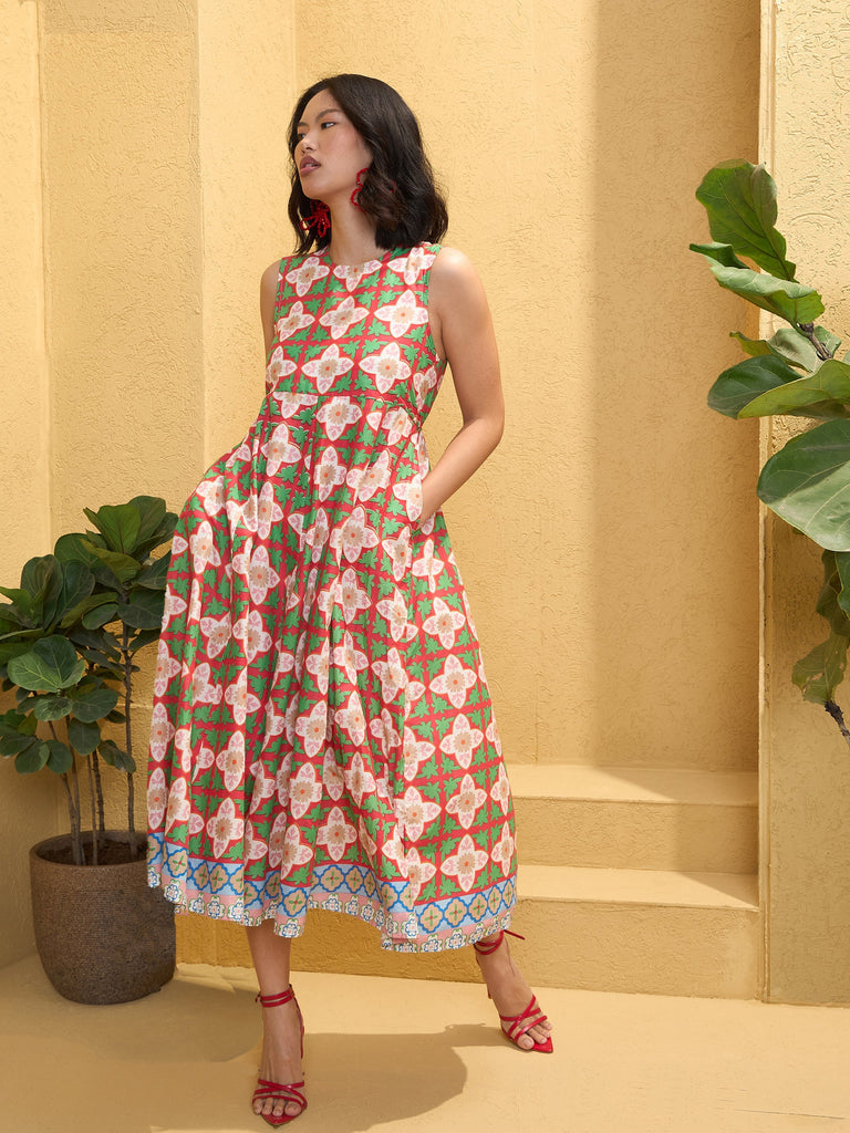 Women's Red Floral Round Neck Sleeveless Midi Dre