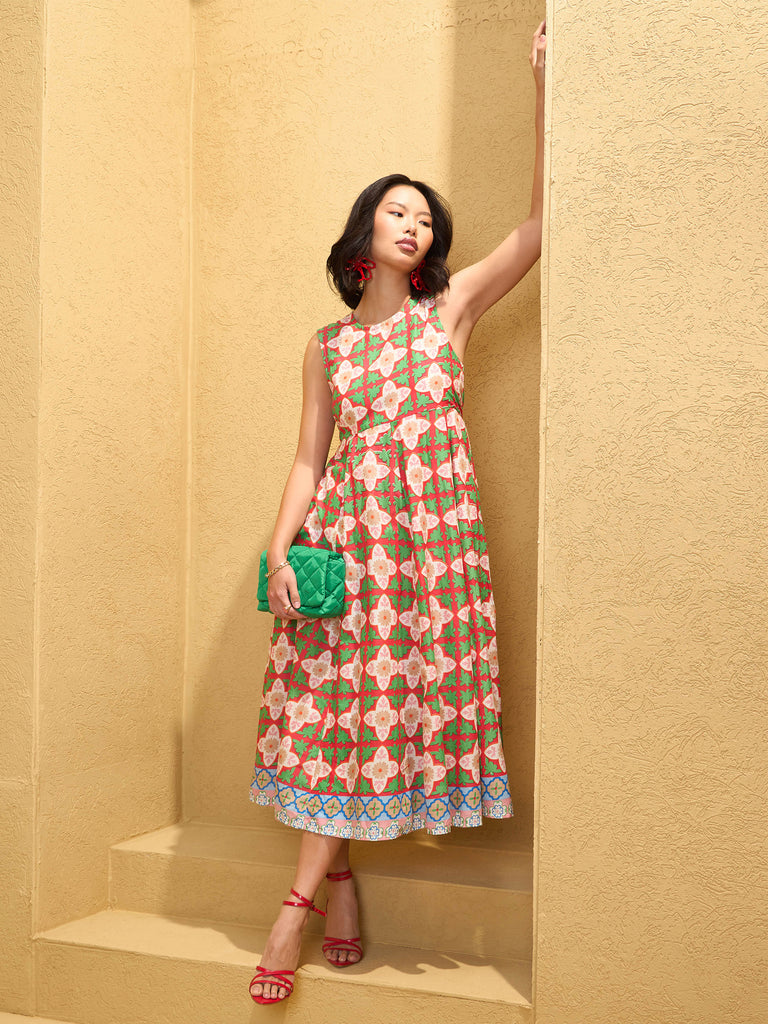Women's Red Floral Round Neck Sleeveless Midi Dre