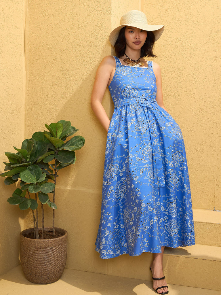 Women's Blue Floral Strappy Midi Dre