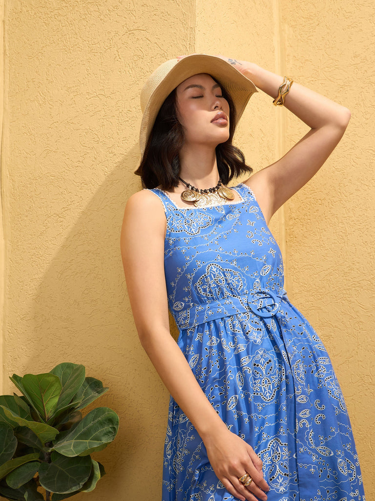 Women's Blue Floral Strappy Midi Dre