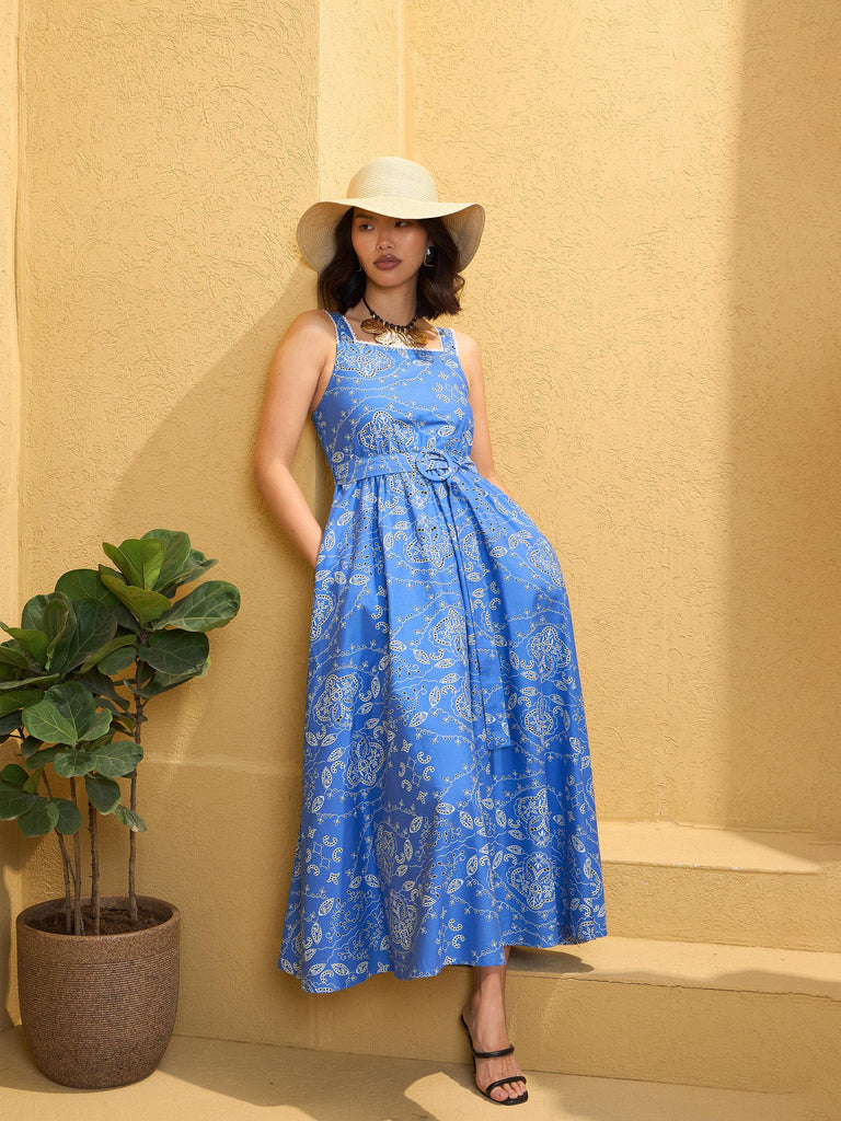 Women's Blue Floral Strappy Midi Dre