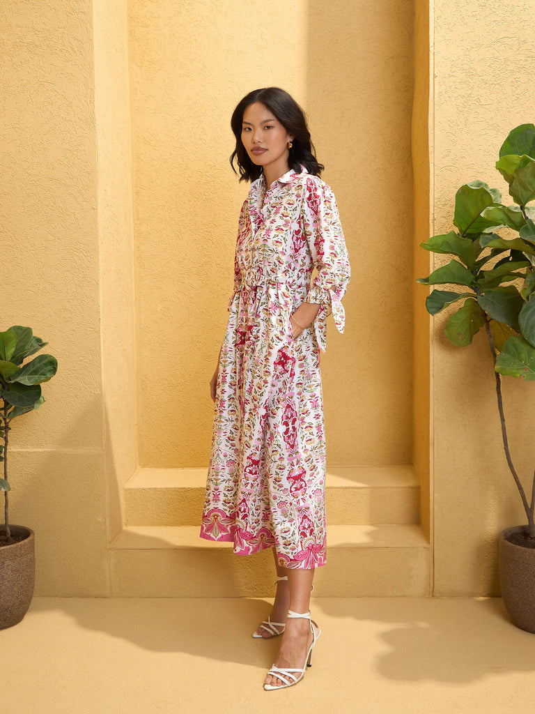 Women's White Floral Front Button Belt Midi Dre