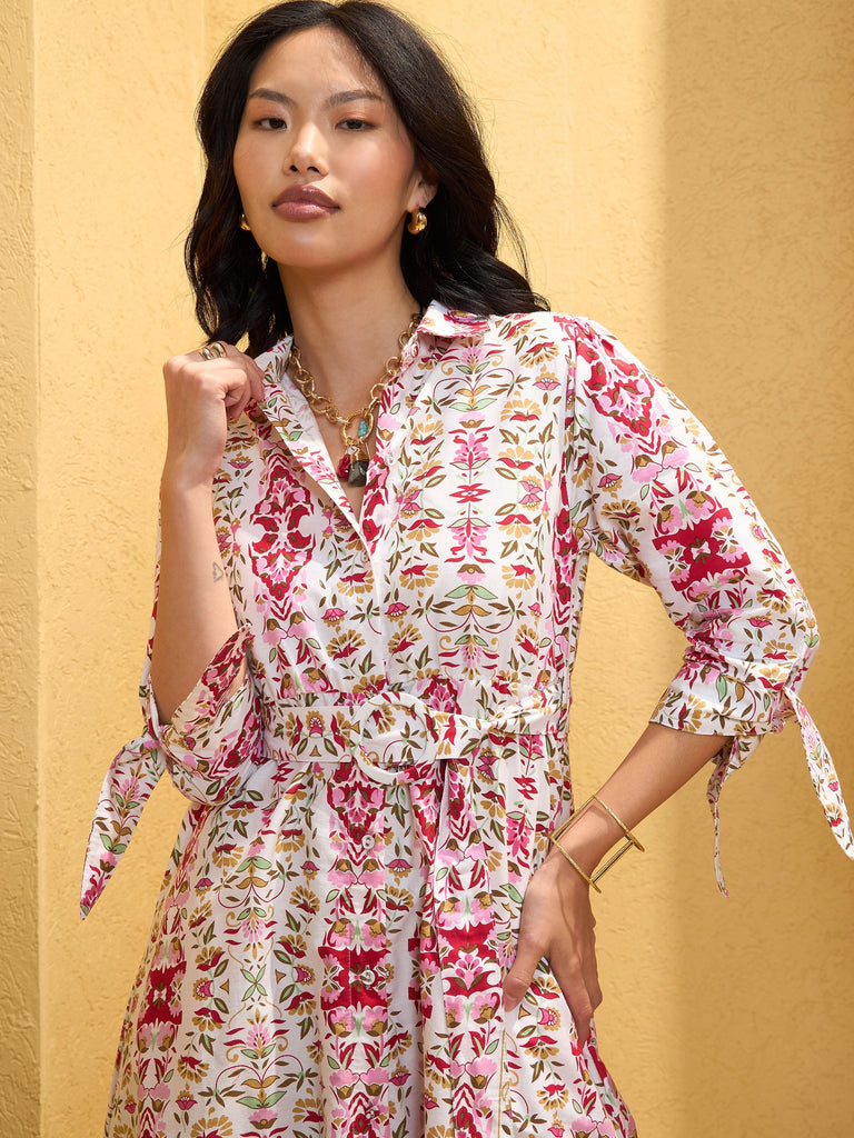 Women's White Floral Front Button Belt Midi Dre