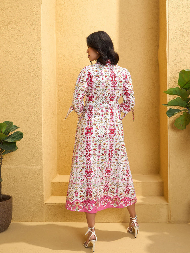 Women's White Floral Front Button Belt Midi Dre