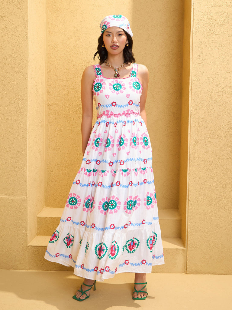 Women's White Floral Strappy Tired Maxi Dre