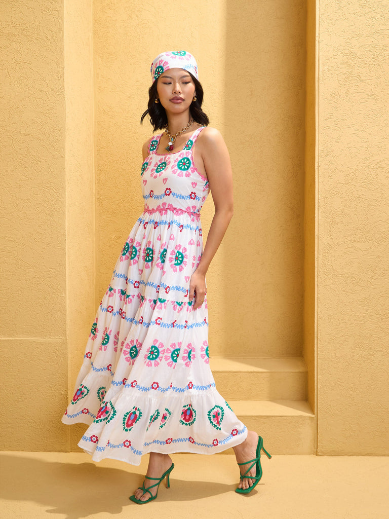 Women's White Floral Strappy Tired Maxi Dre